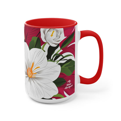 White Flowers on Red, Ceramic Mug - Perfect for Coffee, Tea, and More!