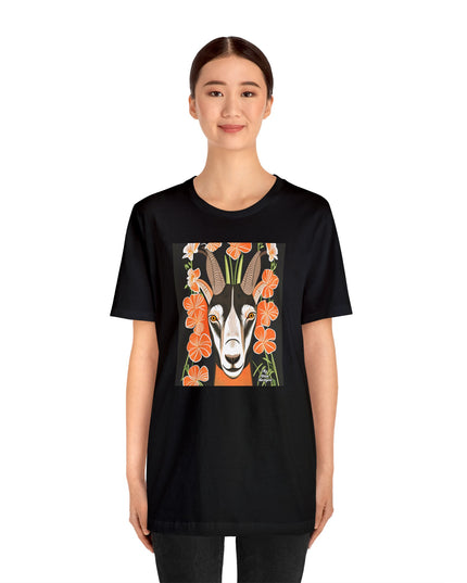 Goat with Orange Flowers, Soft 100% Jersey Cotton T-Shirt, Unisex, Short Sleeve, Retail Fit