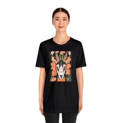 Goat with Orange Flowers, Soft 100% Jersey Cotton T-Shirt, Unisex, Short Sleeve, Retail Fit