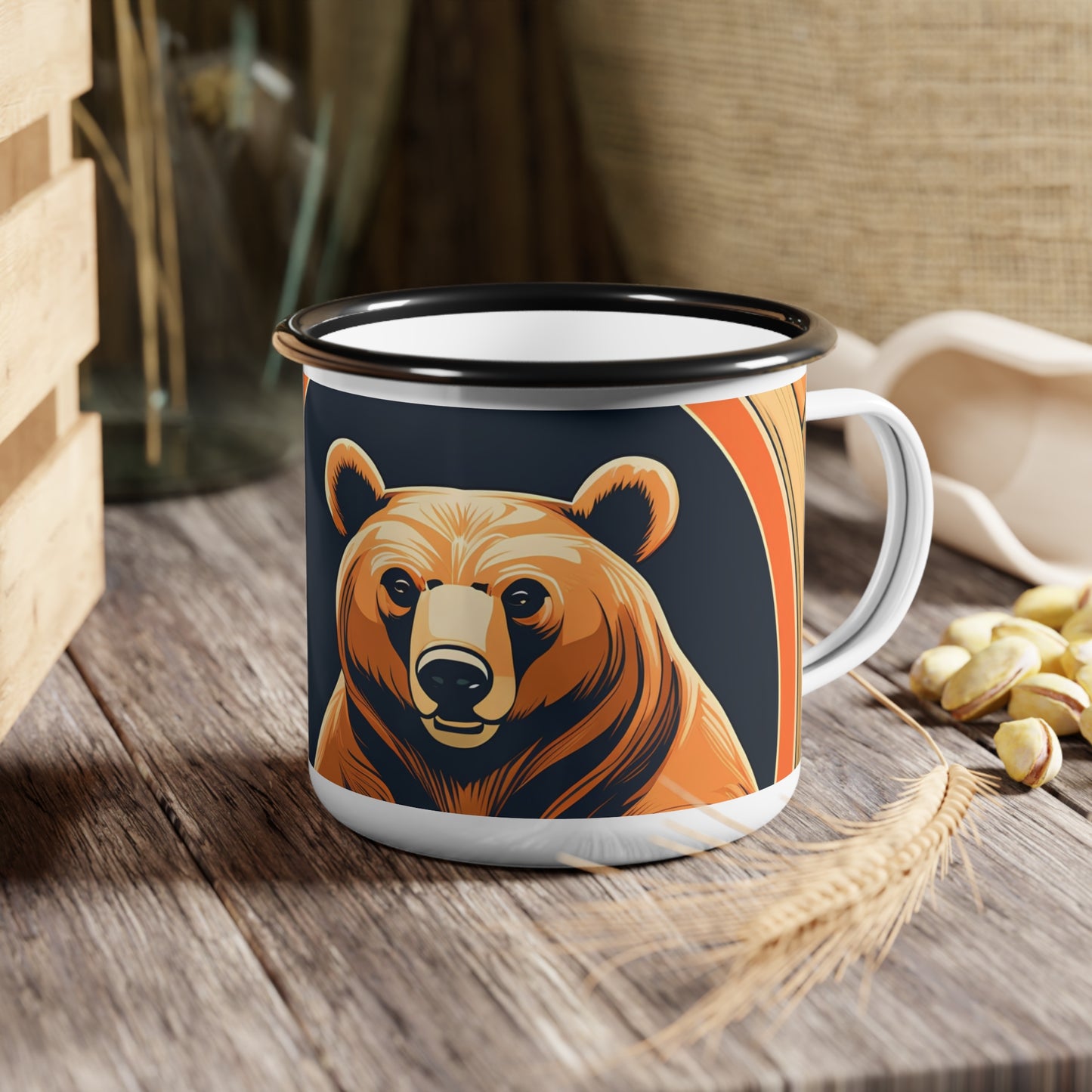 Art Deco Brown Bear, Enamel Camping Mug for Coffee, Tea, Cocoa, or Cereal - 12oz