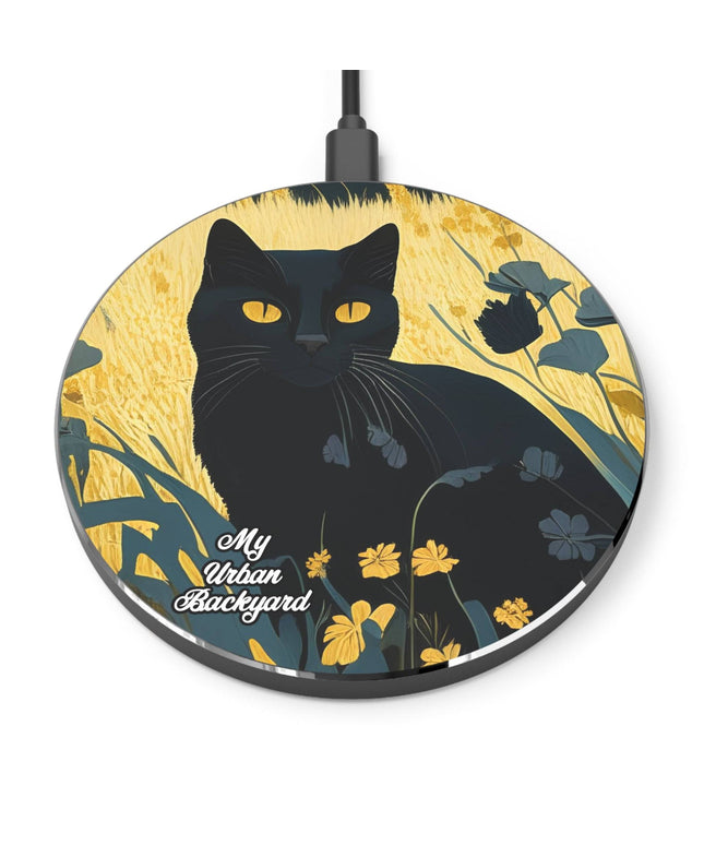 Cell Phone Wireless Charger, iPhone and Android, Black Cat w Black Flowers