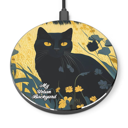Cell Phone Wireless Charger, iPhone and Android, Black Cat w Black Flowers