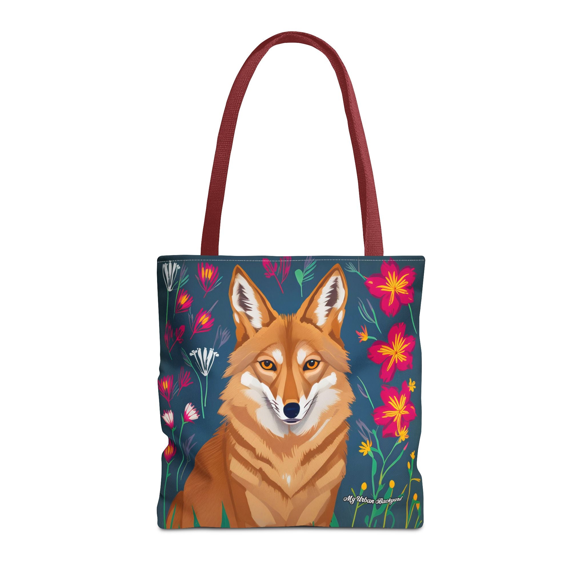 Coyote w Red Flowers Tote Bag with Cotton Handles For Everyday Use, 3 Sizes