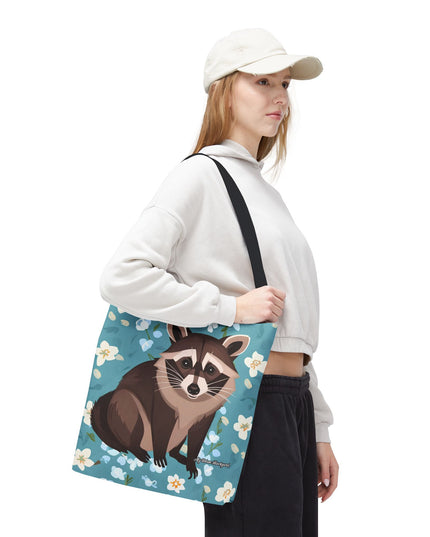 Young Raccoon w Flowers Tote Bag with Cotton Handles For Everyday Use, 3 Sizes