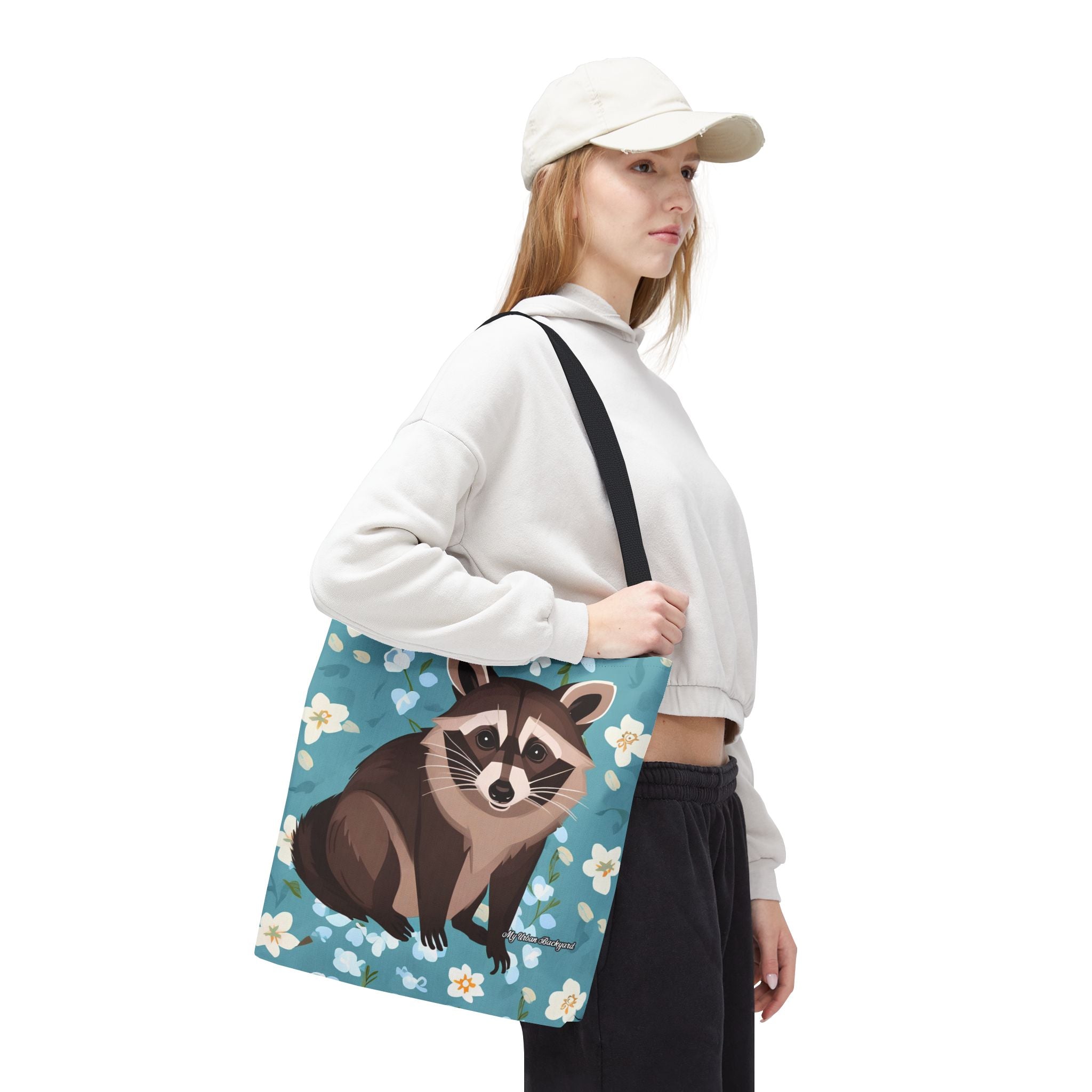 Young Raccoon w Flowers Tote Bag with Cotton Handles For Everyday Use, 3 Sizes