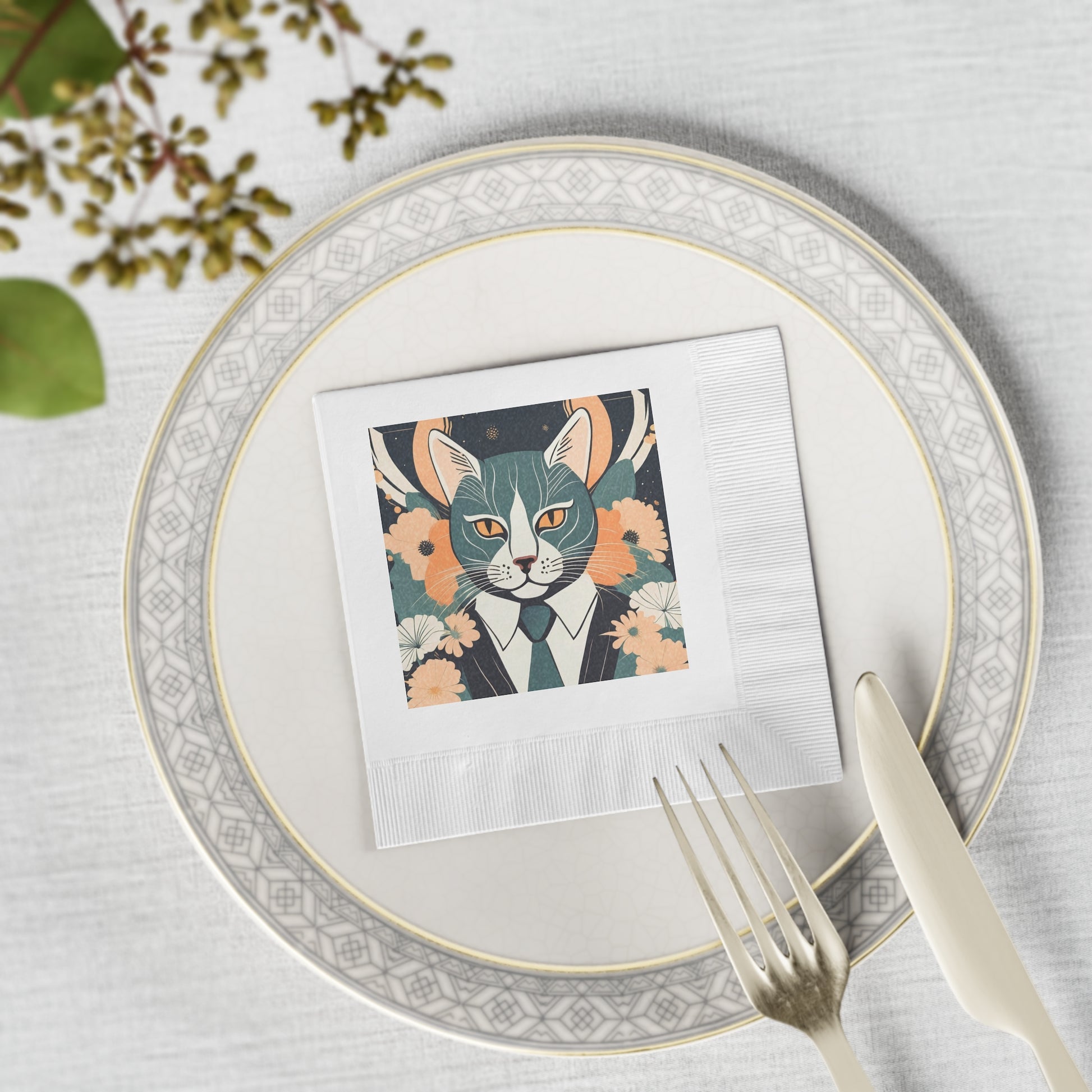 Simon Whiskerford, Cat in Suit Cocktail Napkins — Vintage Floral Party Napkins, 2 sizes, Pack of 50 or 100