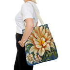 Large White Flower Tote Bag with Cotton Handles For Everyday Use, 3 Sizes