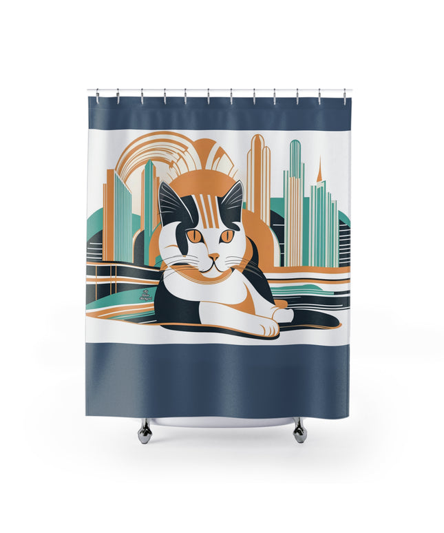 Art Deco Cat, Shower Curtain, Blue accent color - 71" x 74"