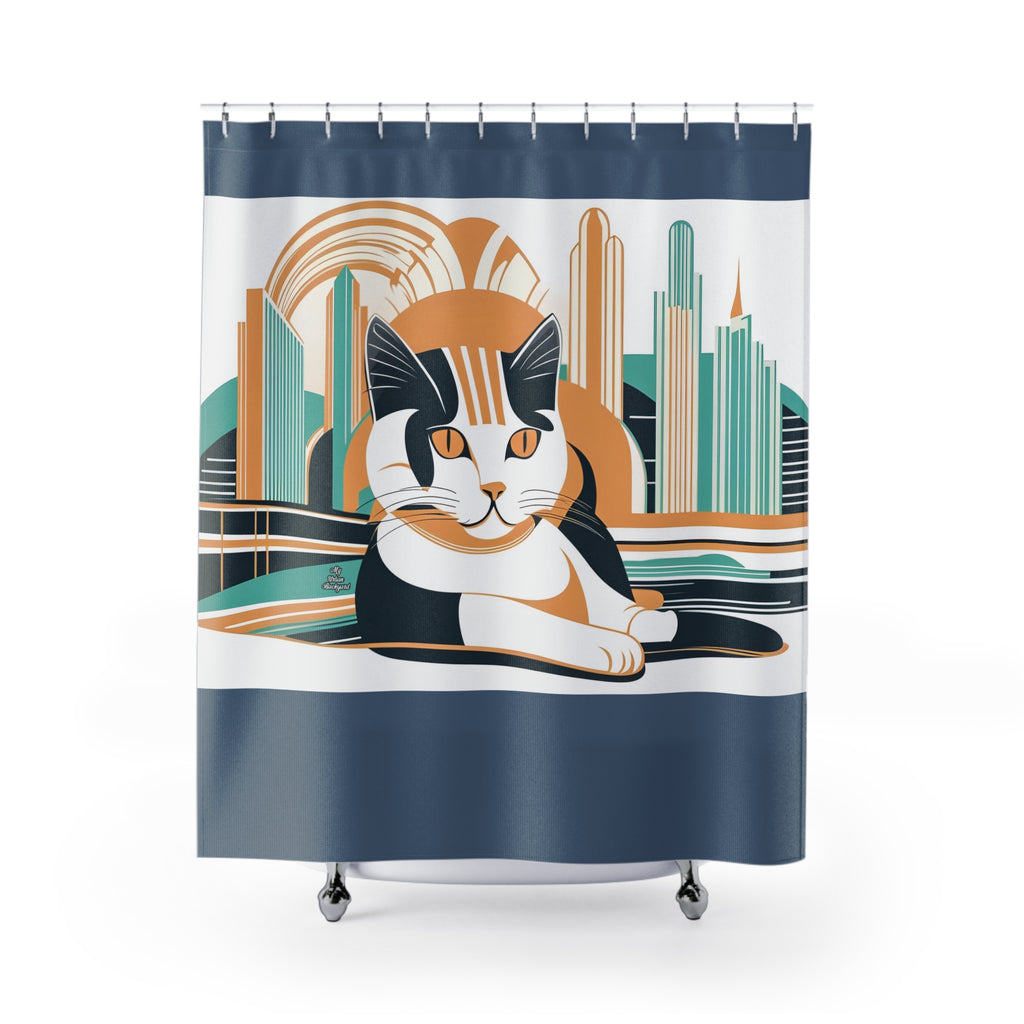 Art Deco Cat, Shower Curtain, Blue accent color - 71" x 74"