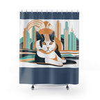 Coastal Blue, Art Deco Cat, Shower Curtain - 71" x 74"