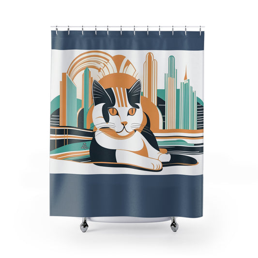 Art Deco Cat, Shower Curtain, Blue accent color - 71" x 74"