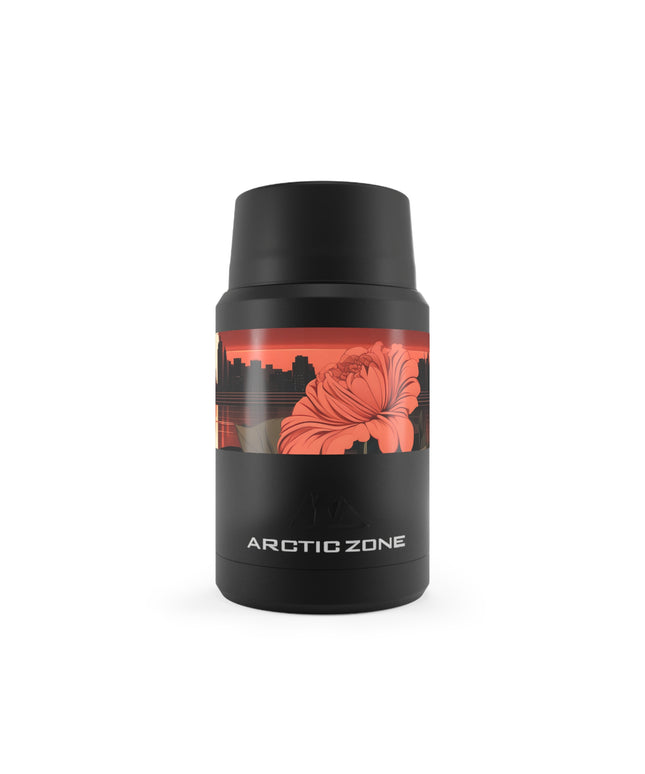 Urban Sunset with Red Flowers, Reusable Insulated Food Storage Container with Spoon – 16.9oz
