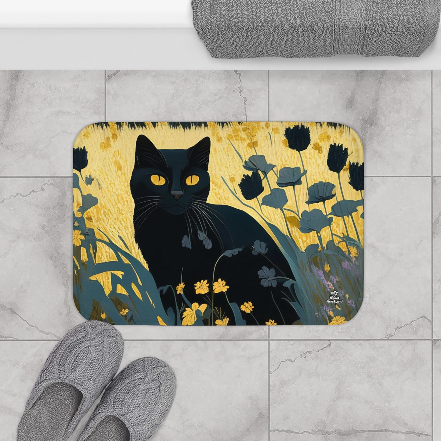 Black Cat with Black Flowers, Memory Foam Bath Mat - Cozy Bathroom Essential