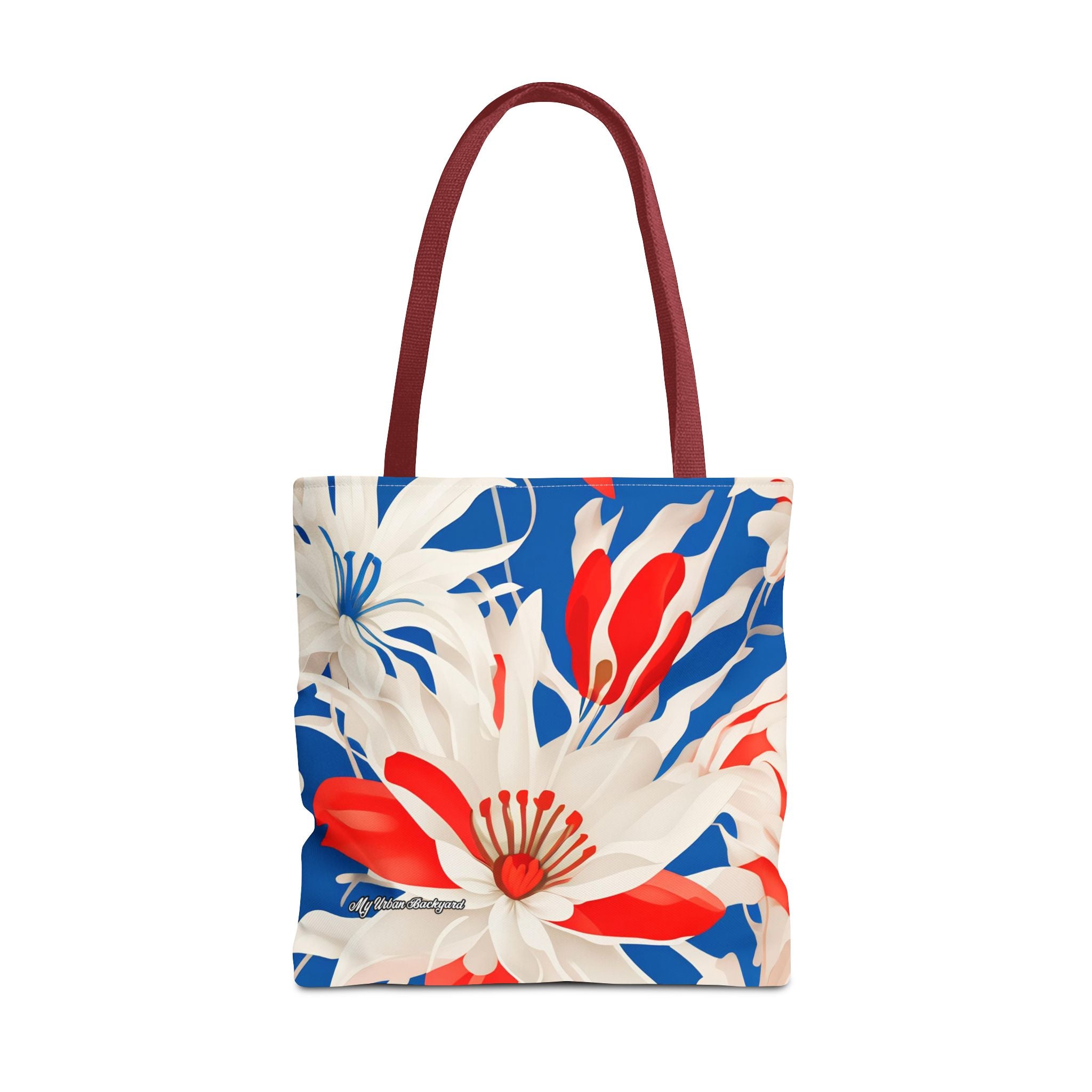 Red White & Blue Flowers Tote Bag with Cotton Handles For Everyday Use, 3 Sizes