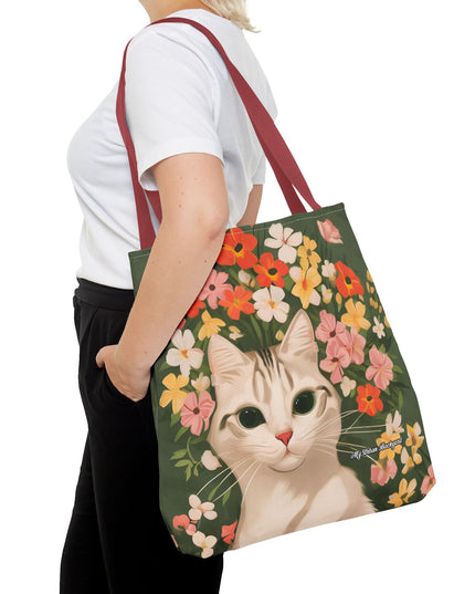White Cat with Flowers Tote Bag with Cotton Handles For Everyday Use, 3 Sizes