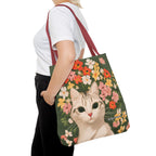 White Cat with Flowers Tote Bag with Cotton Handles For Everyday Use, 3 Sizes