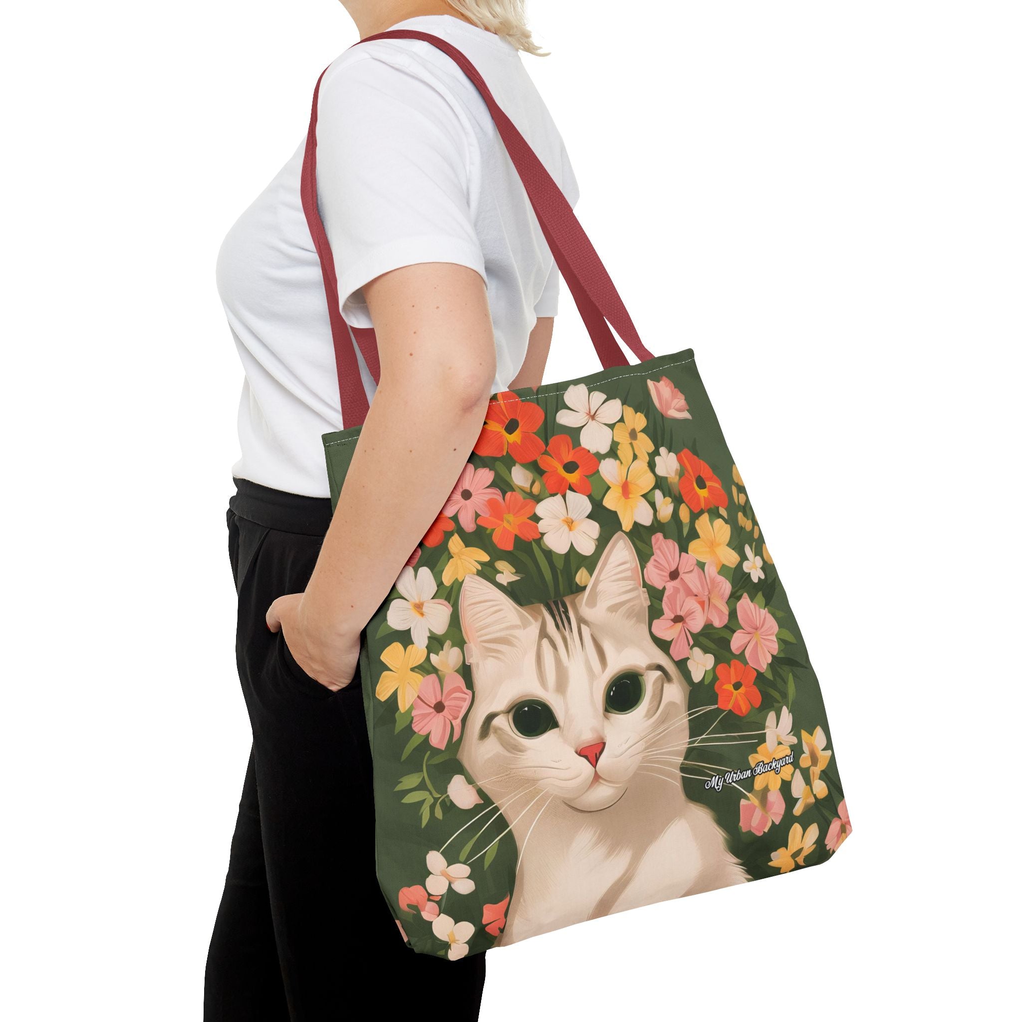 White Cat with Flowers Tote Bag with Cotton Handles For Everyday Use, 3 Sizes