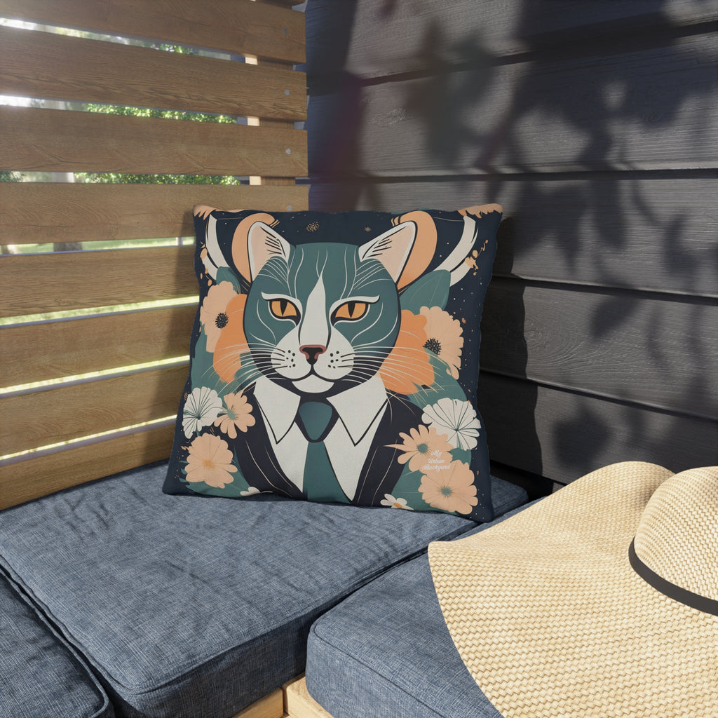 Simon Whiskerford, Faded Jade accent color, Cat Throw Pillow, Indoor/Outdoor Decor for Home or Office