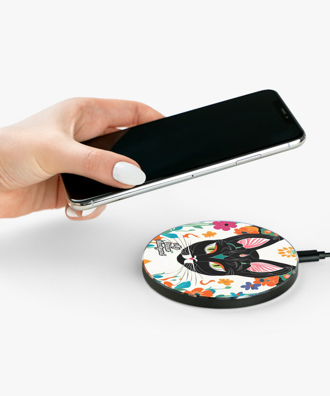 Black Cat with Green Eyes and Flowers, 10W Wireless Charger for iPhone, Android, Earbuds