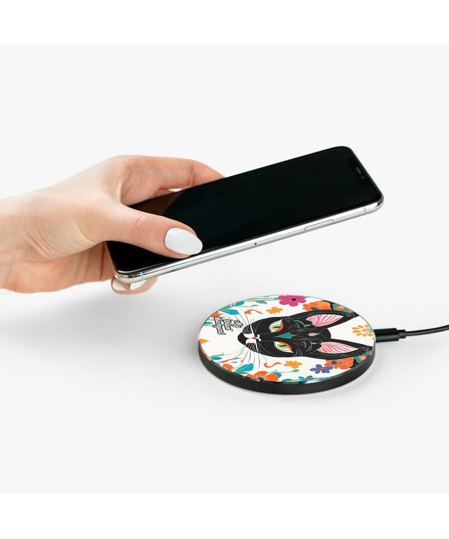 Black Cat with Green Eyes and Flowers, 10W Wireless Charger for iPhone, Android, Earbuds