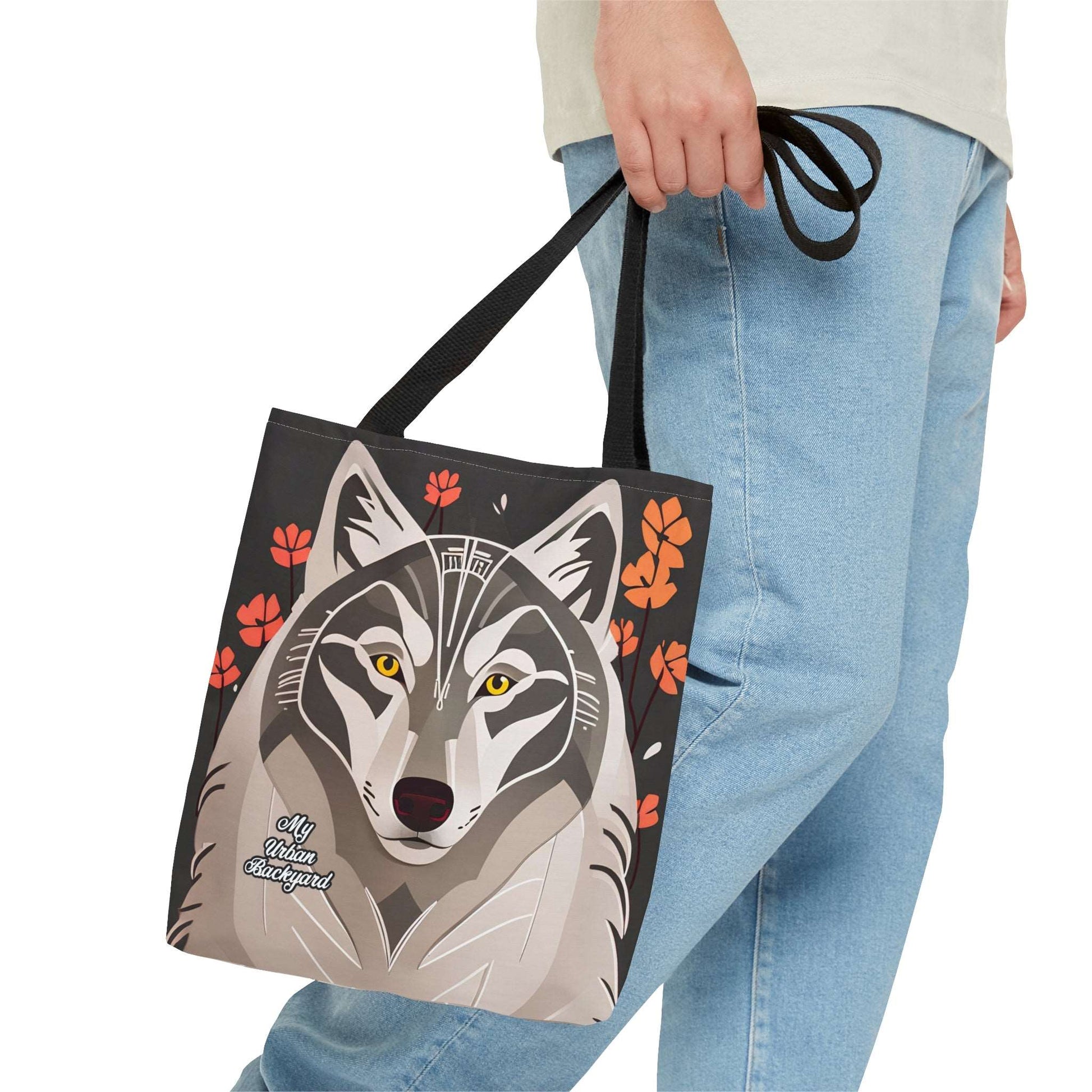 Everyday Tote Bag w Cotton Handles, Reusable Shoulder Bag, Art Deco Wolf