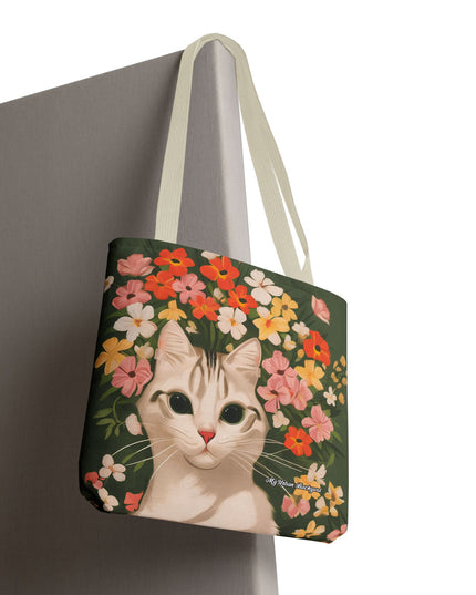 White Cat with Flowers Tote Bag with Cotton Handles For Everyday Use, 3 Sizes
