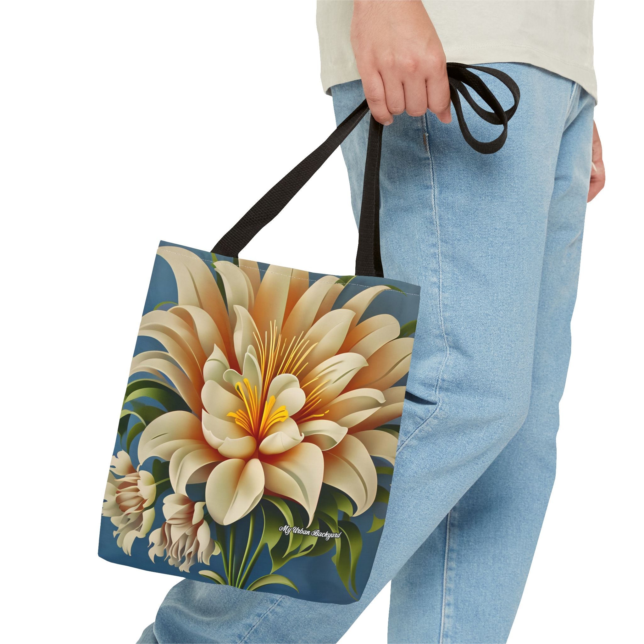 Large White Flower Tote Bag with Cotton Handles For Everyday Use, 3 Sizes