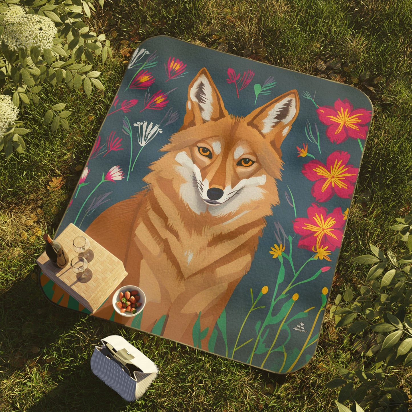 Coyote with Red Flowers, Cozy Outdoor Picnic Blanket, Water-Resistant Bottom, 51" × 61"