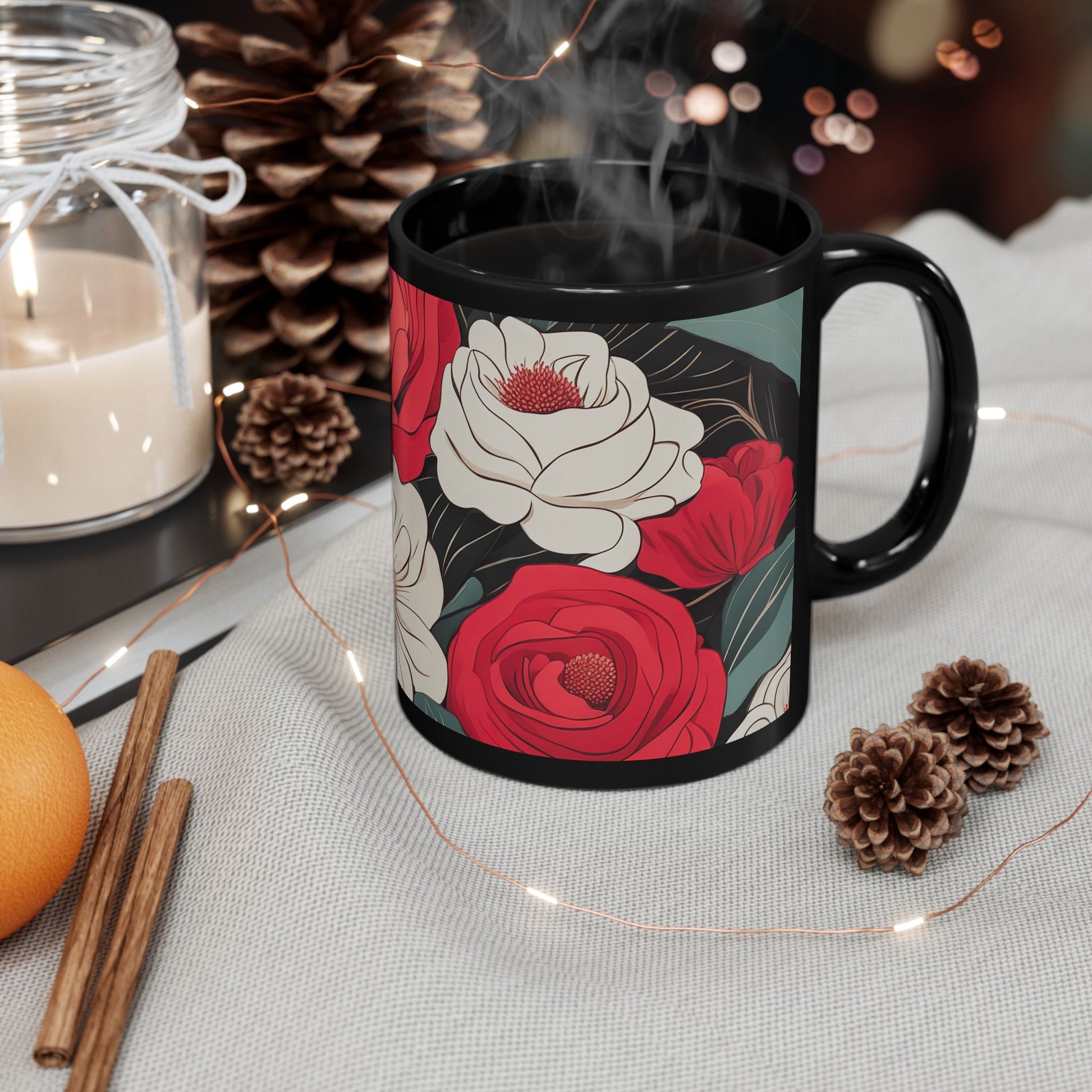 Floral Black Mug - Perfect for Coffee Lovers, Gift for Her, Home Decor, Botanical Design, Floral Coffee Cup