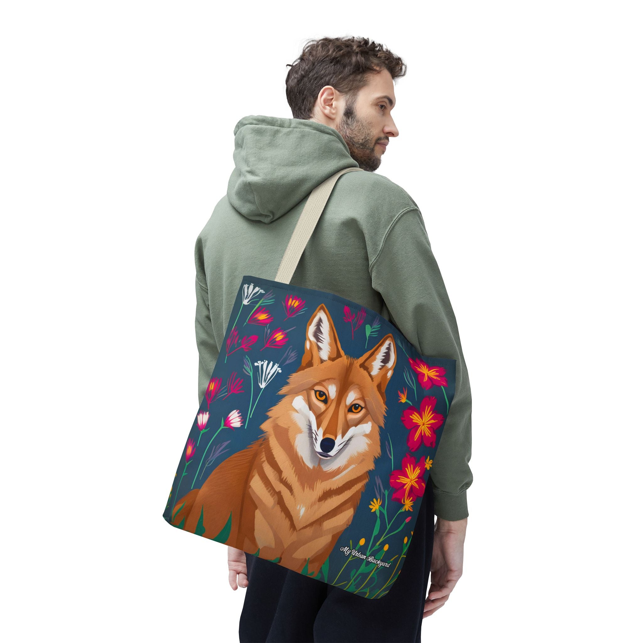 Coyote w Red Flowers Tote Bag with Cotton Handles For Everyday Use, 3 Sizes