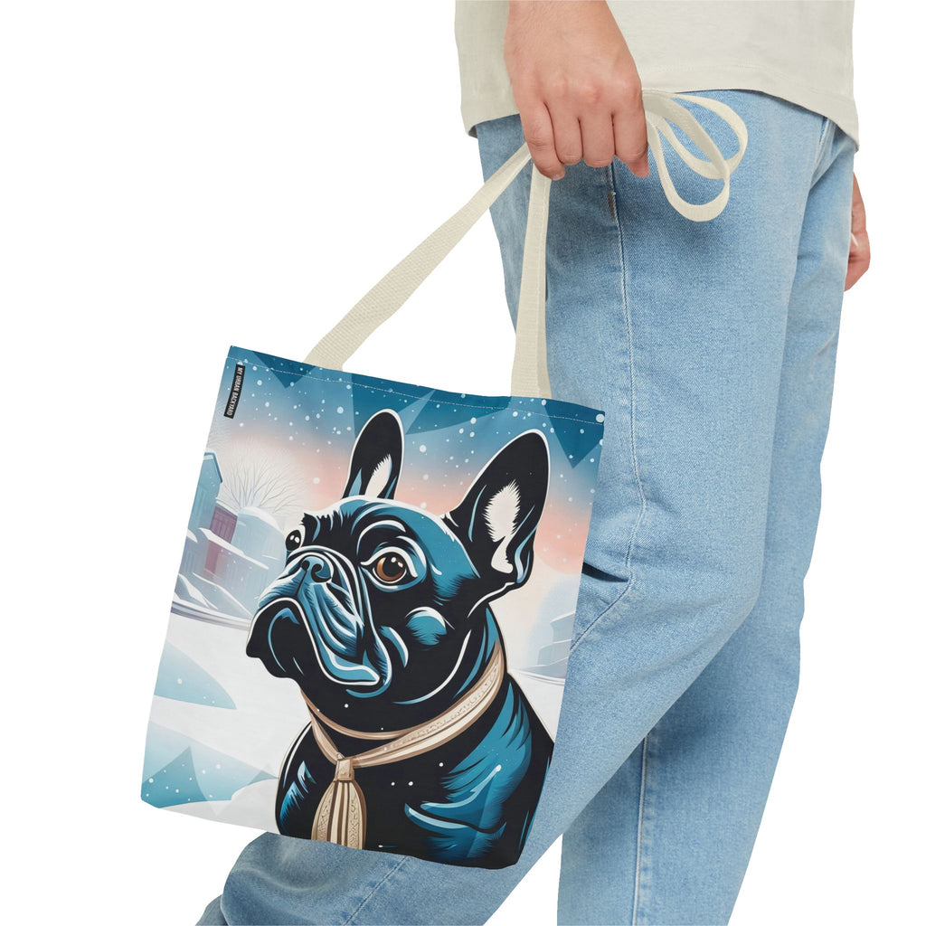 French Bulldog Winter Tote Bag — Snowy Pup All-Over Print Tote