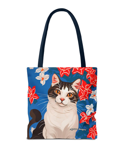 Cat and Red White & Blue Flowers Tote Bag with Cotton Handles For Everyday Use, 3 Sizes