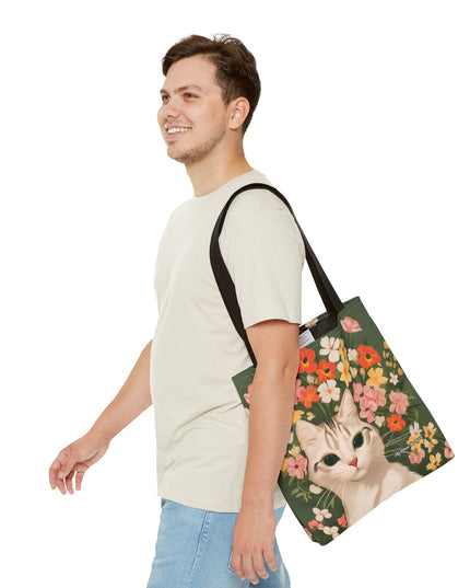 White Cat with Flowers Tote Bag with Cotton Handles For Everyday Use, 3 Sizes
