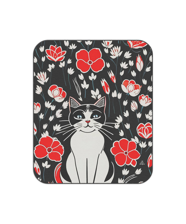 Cat with Red Flowers, Cozy Outdoor Picnic Blanket, Water-Resistant Bottom, 51" × 61"