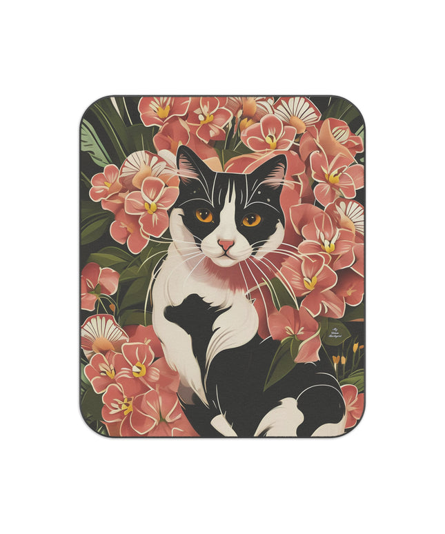 Black & White Cat in Flowers, Cozy Outdoor Picnic Blanket, Water-Resistant Bottom, 51" × 61"