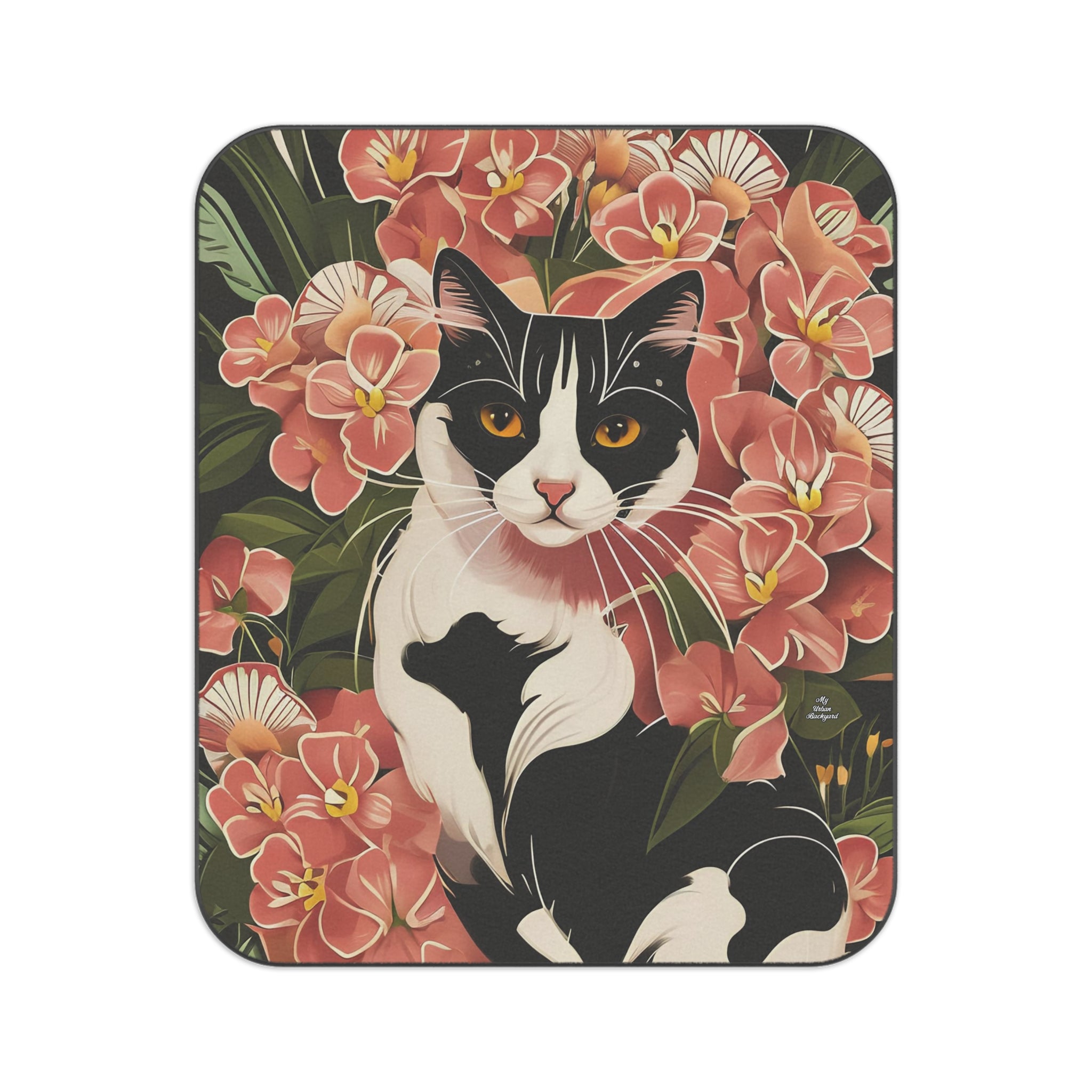 Black & White Cat in Flowers, Cozy Outdoor Picnic Blanket, Water-Resistant Bottom, 51" × 61"
