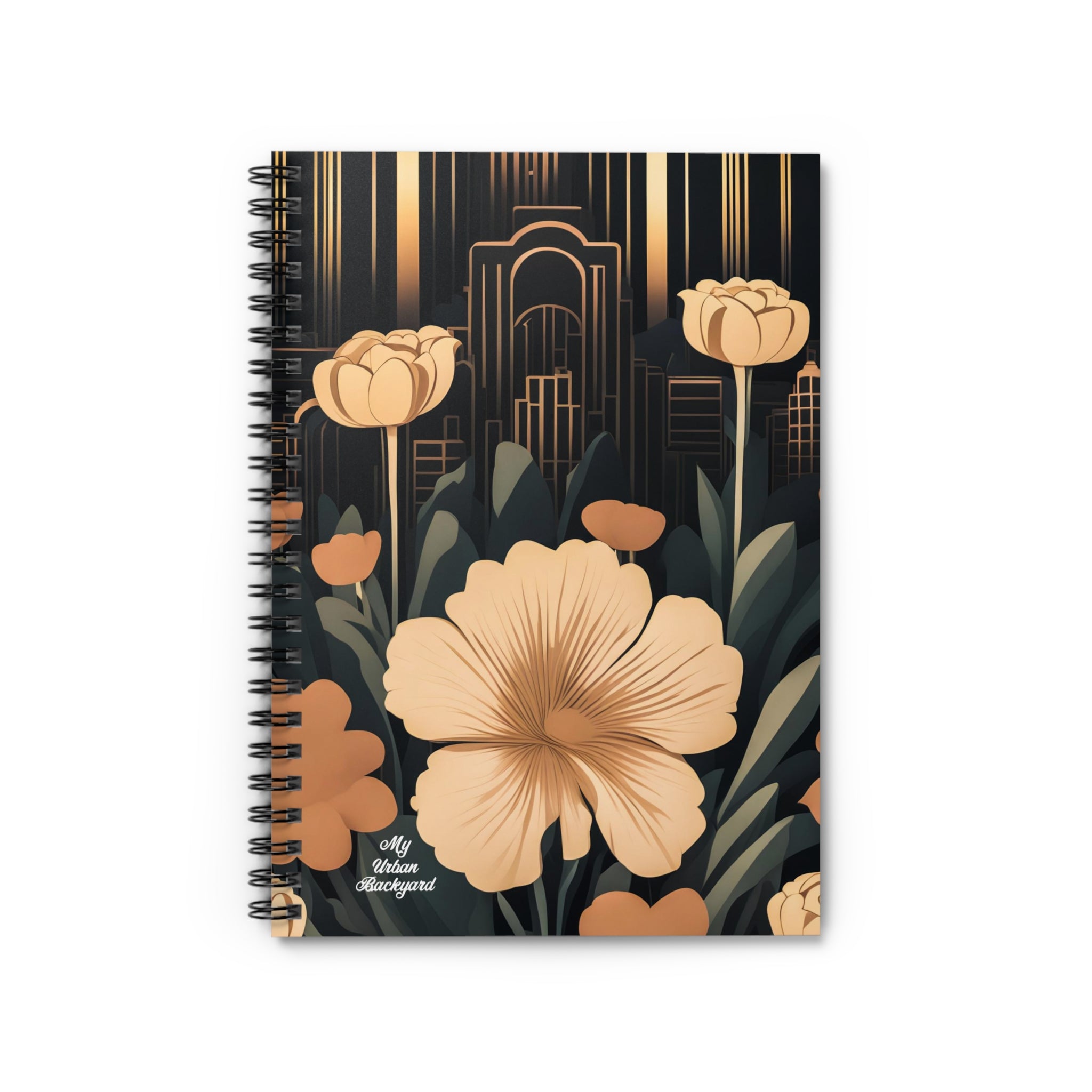 Flowers with Art Deco Building, Spiral Notebook Writing Journal - 118 Ruled Pages