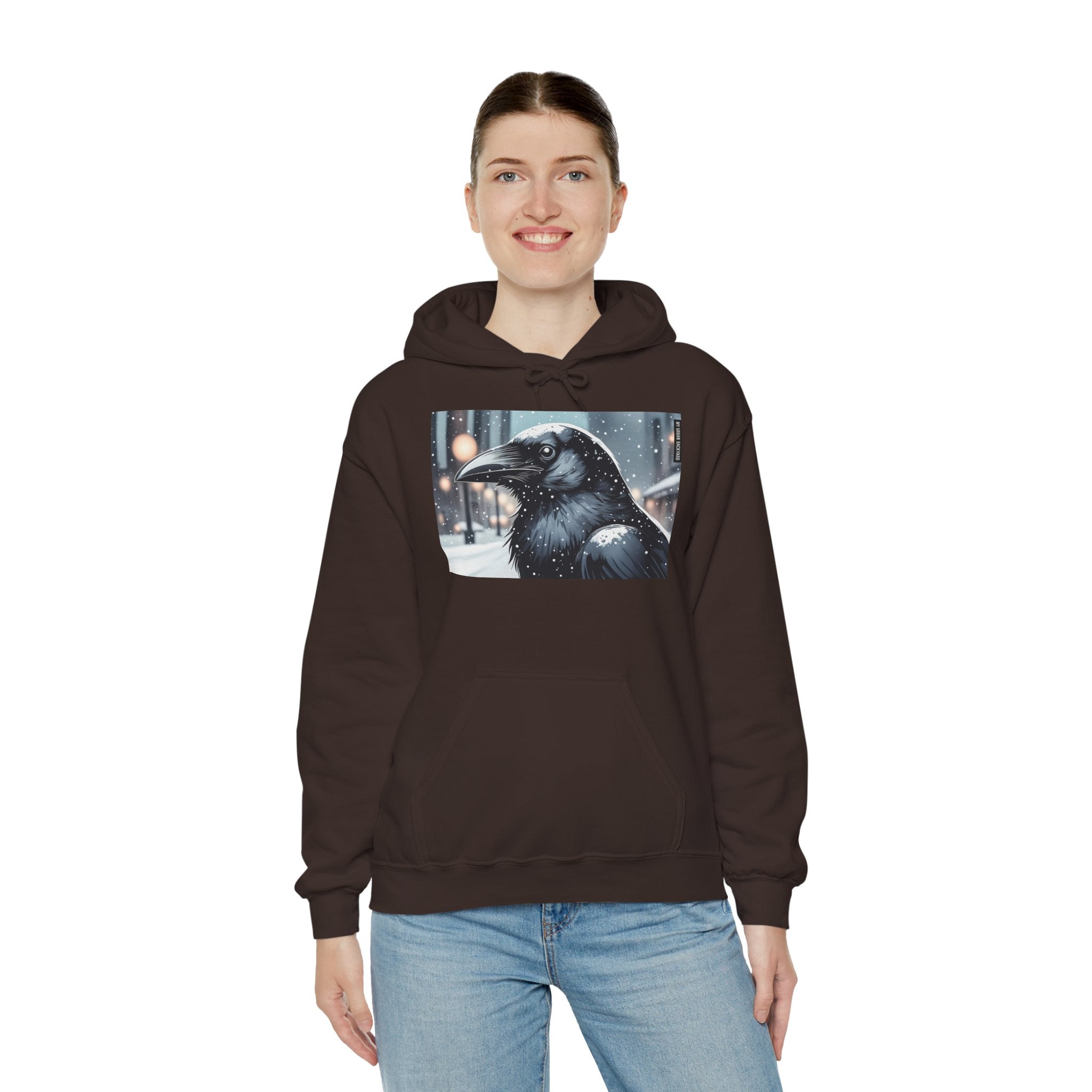 Urban Crow In Falling Snow Hoodie — Comfy Winter Graphic Hoodie