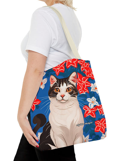 Cat and Red White & Blue Flowers Tote Bag with Cotton Handles For Everyday Use, 3 Sizes