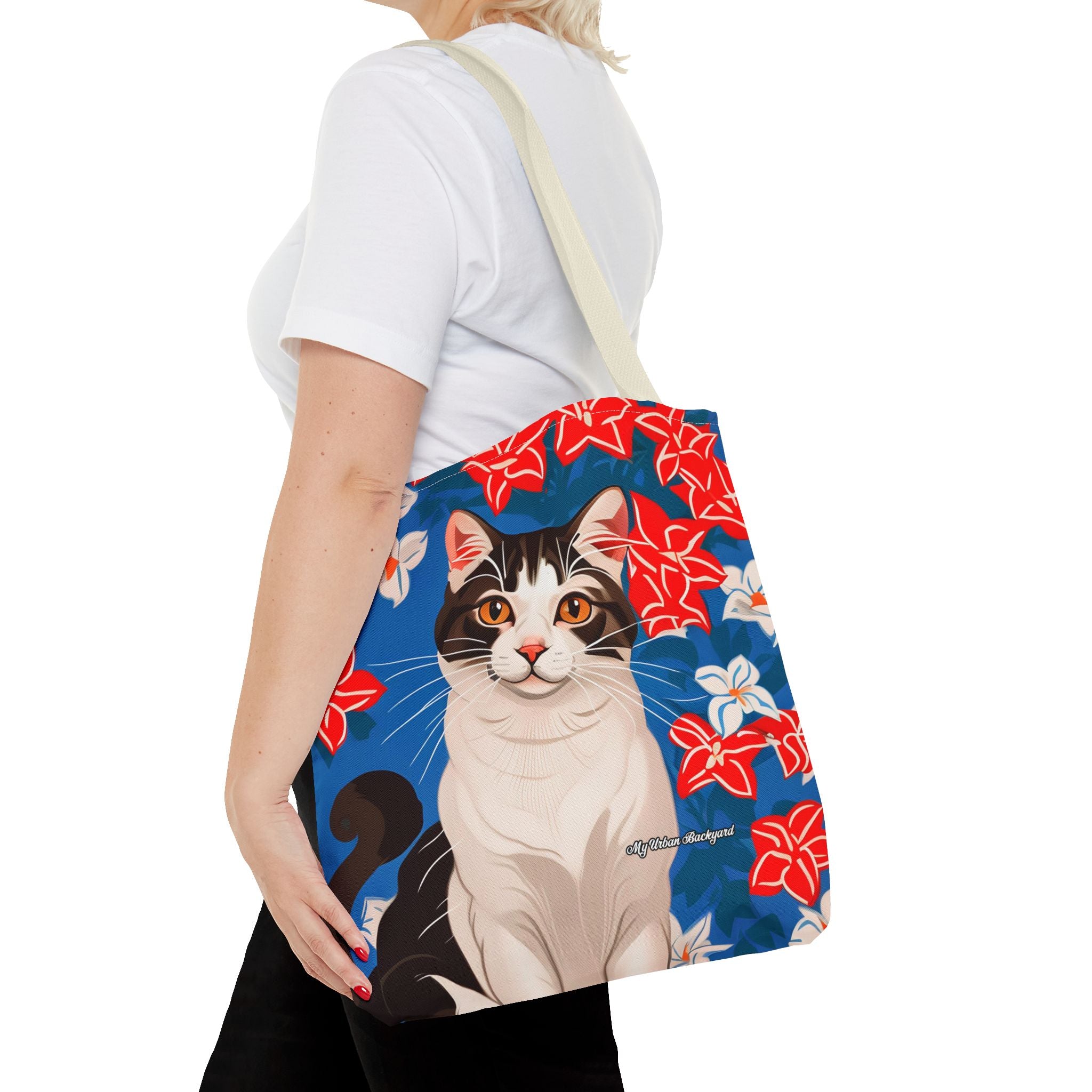 Cat with Red and White Flowers, Tote Bag with Cotton Handles For Everyday Use, 3 Sizes