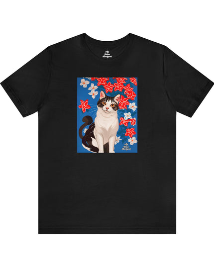 Cat with Red and White Flowers, Soft 100% Jersey Cotton T-Shirt, Unisex, Short Sleeve, Retail Fit