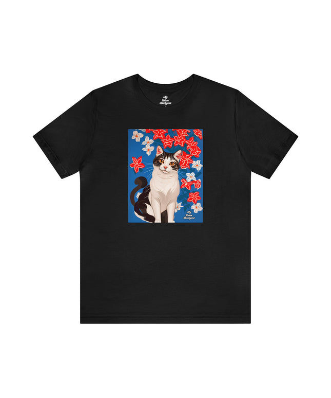 Cat with Red and White Flowers, Soft 100% Jersey Cotton T-Shirt, Unisex, Short Sleeve, Retail Fit