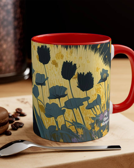 Ceramic Mug for Coffee, Tea, Hot Cocoa. Home/Office, Black Cat w Black Flowers