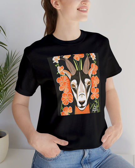 Goat with Orange Flowers, Soft 100% Jersey Cotton T-Shirt, Unisex, Short Sleeve, Retail Fit
