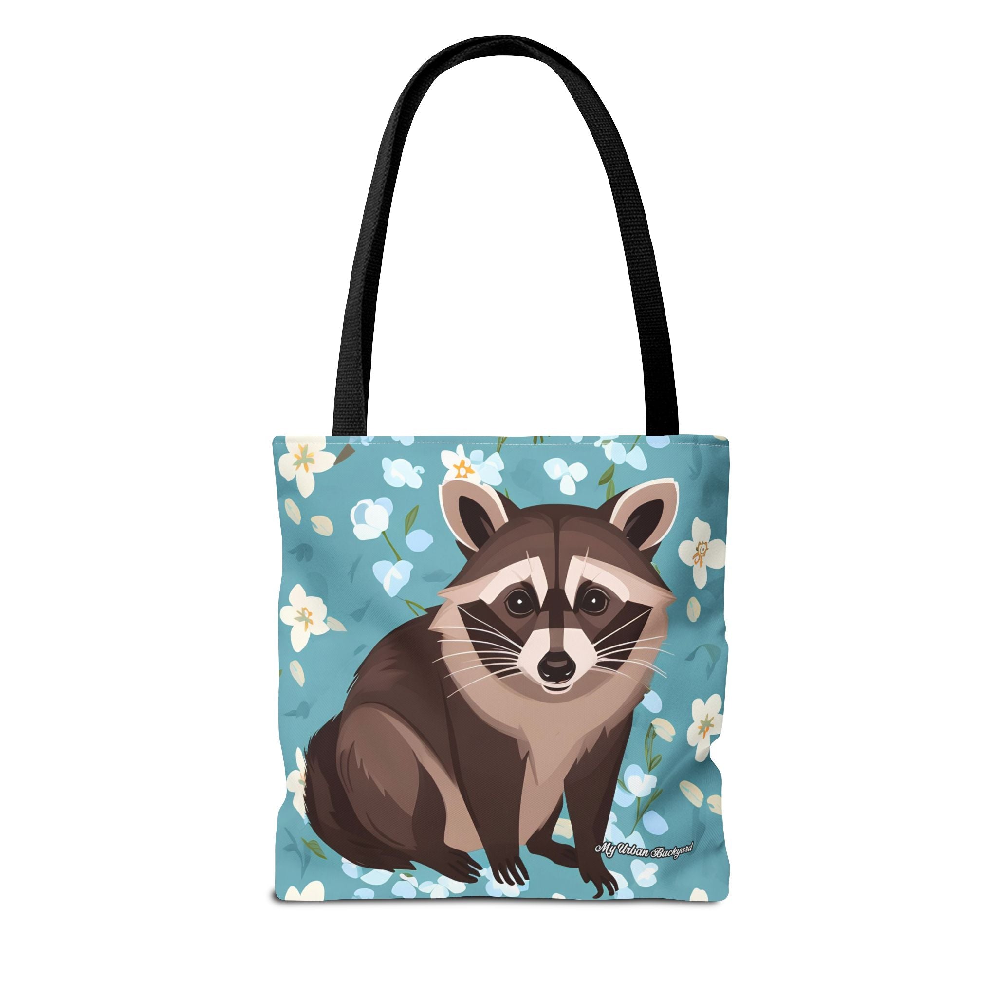 Young Raccoon w Flowers Tote Bag with Cotton Handles For Everyday Use, 3 Sizes