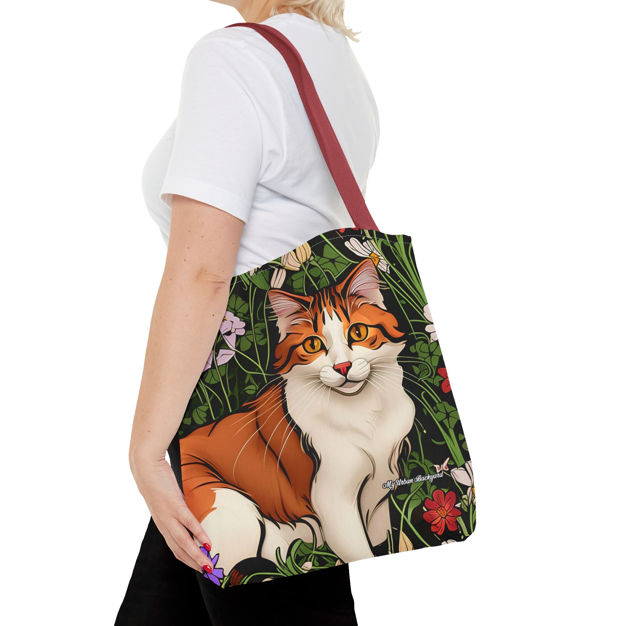 Orange Cat with Flowers Tote Bag with Cotton Handles For Everyday Use, 3 Sizes