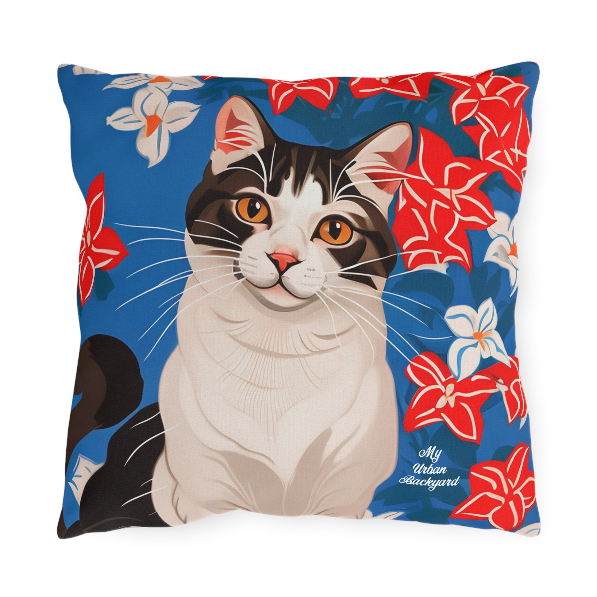 Cat w Red White + Blue Flowers, Taupe accent color, Throw Pillow, Indoor/Outdoor Decor for Home or Office
