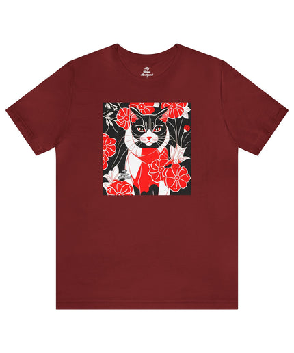 Tuxedo Cat with Red Flowers, Soft 100% Jersey Cotton T-Shirt, Unisex, Short Sleeve, Retail Fit
