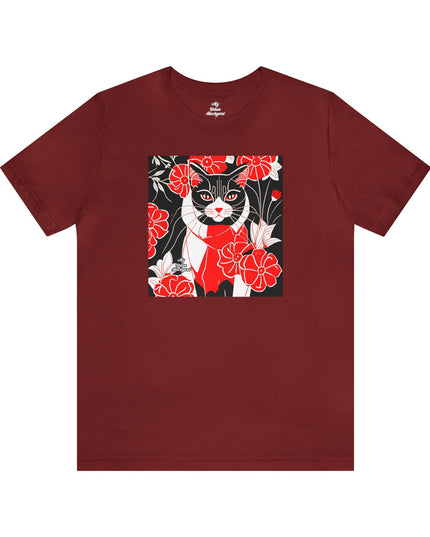 Tuxedo Cat with Red Flowers, Soft 100% Jersey Cotton T-Shirt, Unisex, Short Sleeve, Retail Fit
