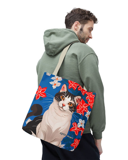 Cat and Red White & Blue Flowers Tote Bag with Cotton Handles For Everyday Use, 3 Sizes